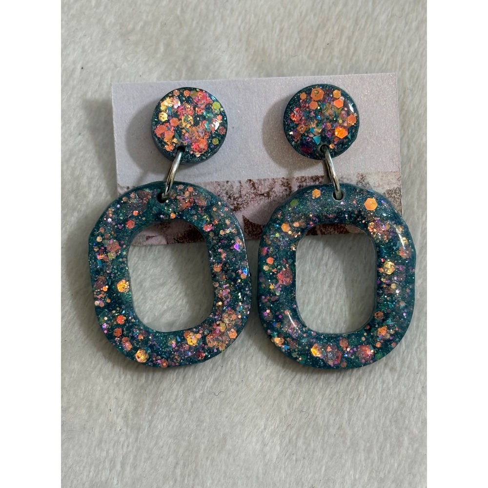 Resin Earrings Women's Teal Multicolor Glitter Geometric Statement Dangle